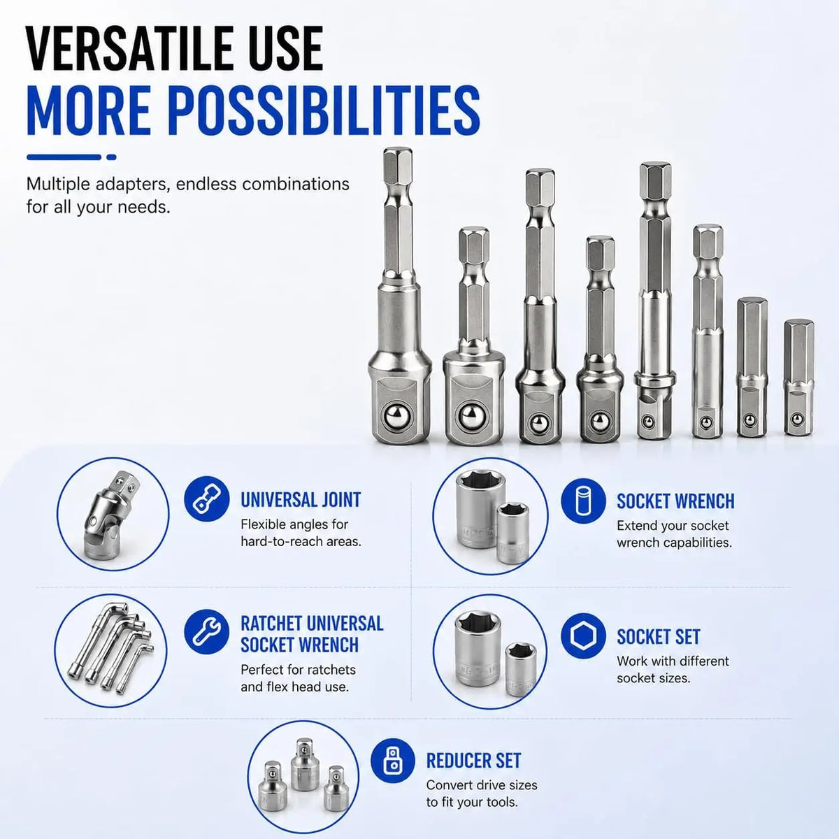 8Pcs Impact Socket Adapter Set, 1/4 3/8 1/2 Hex Shank Square Nut Driver Extension Bit Set for Power Drill Impact Driver Tool