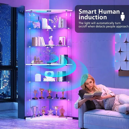 6-Tier Corner RGB LED Glass Display Cabinet with Human Sensor
