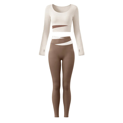 2 Piece Sets Women Quick-Dry Sports Set O-Neck Long Sleeve Top Pants Running Fitness Workout Athletic Wear Tracksuit Sportswear