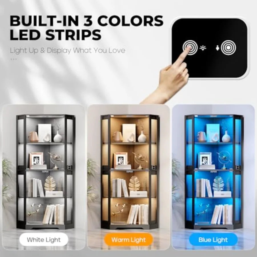 Lighted Corner Display Cabinet with Glass Doors for Collectibles