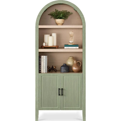72" Tall Arched Pantry Cabinet w/Reeded Doors, 5-Tier Bookshelf, Armoire, Hutch, Bookcase, Storage Cabinet w/Adjustable Shelves