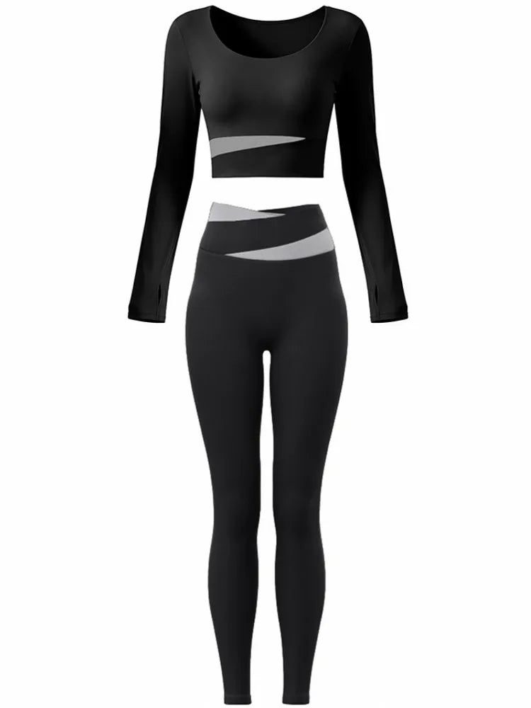 2 Piece Sets Women Quick-Dry Sports Set O-Neck Long Sleeve Top Pants Running Fitness Workout Athletic Wear Tracksuit Sportswear