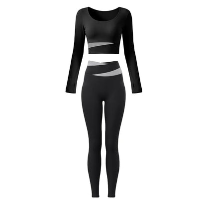 2 Piece Sets Women Quick-Dry Sports Set O-Neck Long Sleeve Top Pants Running Fitness Workout Athletic Wear Tracksuit Sportswear