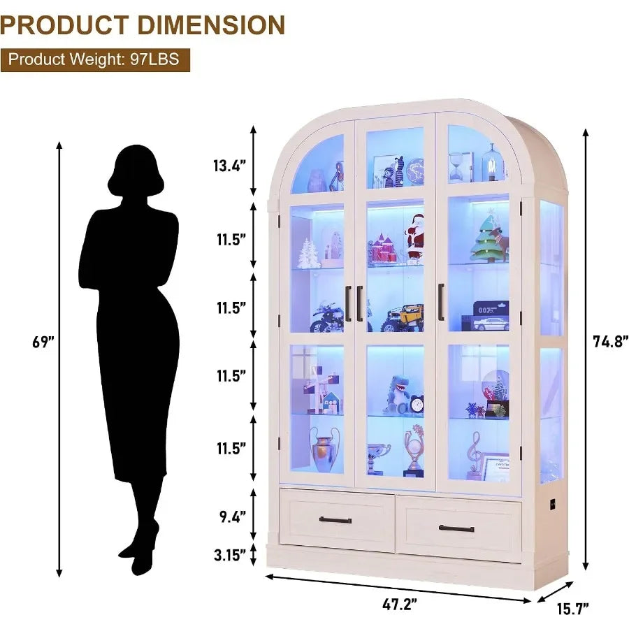 74" Arched Display Cabinet with Glass Doors and Drawers, Motion Sensor 3-Color Lights, Glass Curio Cabinet, 5-Tier Showcase for