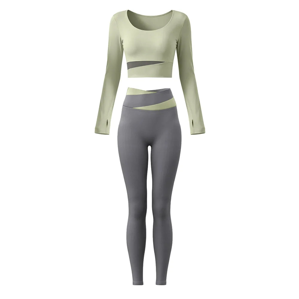 2 Piece Sets Women Quick-Dry Sports Set O-Neck Long Sleeve Top Pants Running Fitness Workout Athletic Wear Tracksuit Sportswear