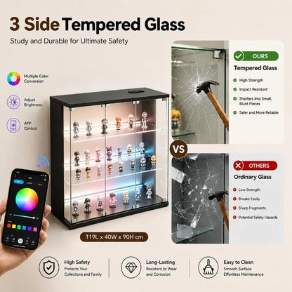 Display Cabinet for Living Room, Tempered Glass, White, 3-Tier Curio Cabinet with Adjustable Shelves and Built-in LED Light