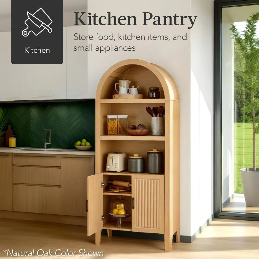 72" Tall Arched Pantry Cabinet w/Reeded Doors, 5-Tier Bookshelf, Armoire, Hutch, Bookcase, Storage Cabinet w/Adjustable Shelves
