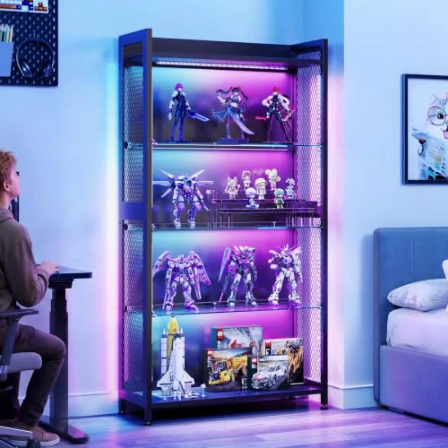 Display Case with Glass Shelves, RGB Light 4-Tier Display Cabinet