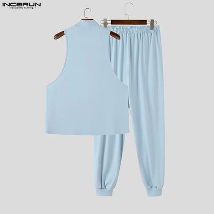 INCERUN Men Sets Solid Color Turtleneck Sleeveless Tank Tops Pants Two Piece Sets Streetwear Casual Men Matching Sets Tracksuits
