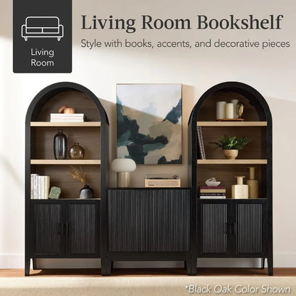 72" Tall Arched Pantry Cabinet w/Reeded Doors, 5-Tier Bookshelf, Armoire, Hutch, Bookcase, Storage Cabinet w/Adjustable Shelves