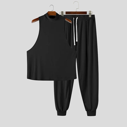 INCERUN Men Sets Solid Color Turtleneck Sleeveless Tank Tops Pants Two Piece Sets Streetwear Casual Men Matching Sets Tracksuits