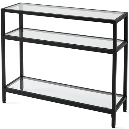 Console Table, Metal Frame and Tempered Glass Sofa Table with 3 - Layer Storage Shelves for Living Room, Entryway, Corridor, Hallway, Black