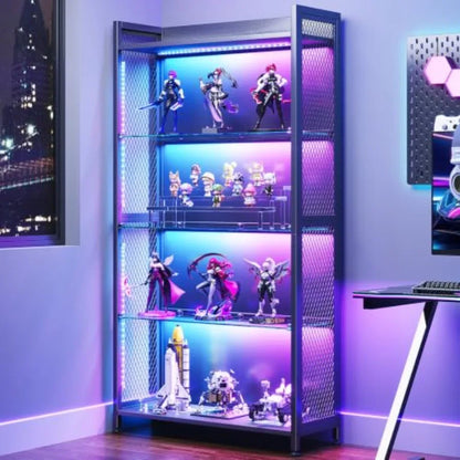 Display Case with Glass Shelves, RGB Light 4-Tier Display Cabinet