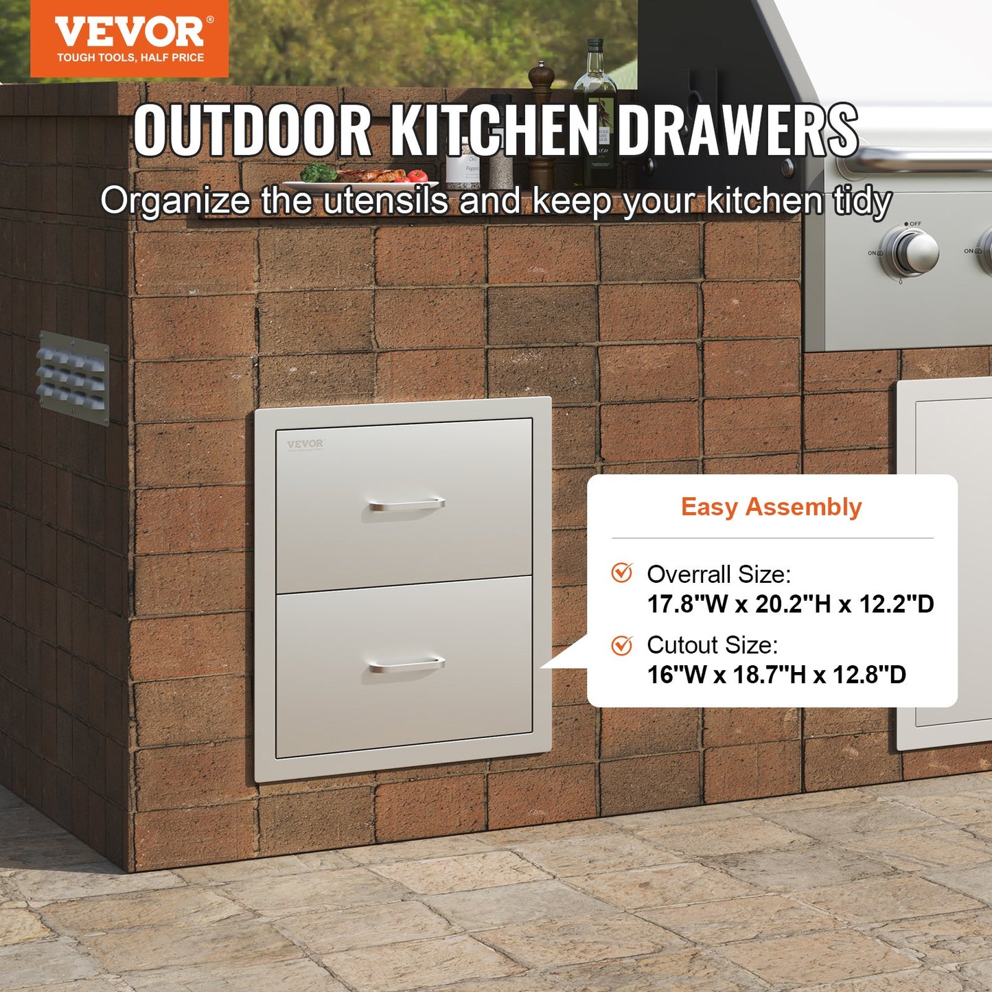 Outdoor Kitchen Drawers 18W x 20.6H x 12.7D Inch, Flush Mount Double