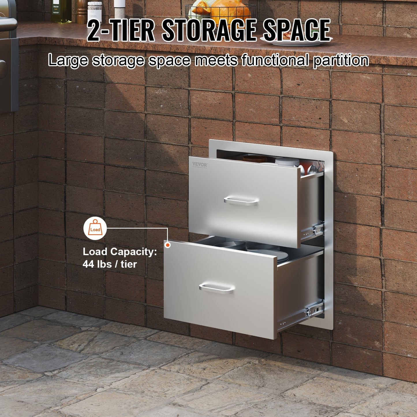 Outdoor Kitchen Drawers 18W x 20.6H x 12.7D Inch, Flush Mount Double