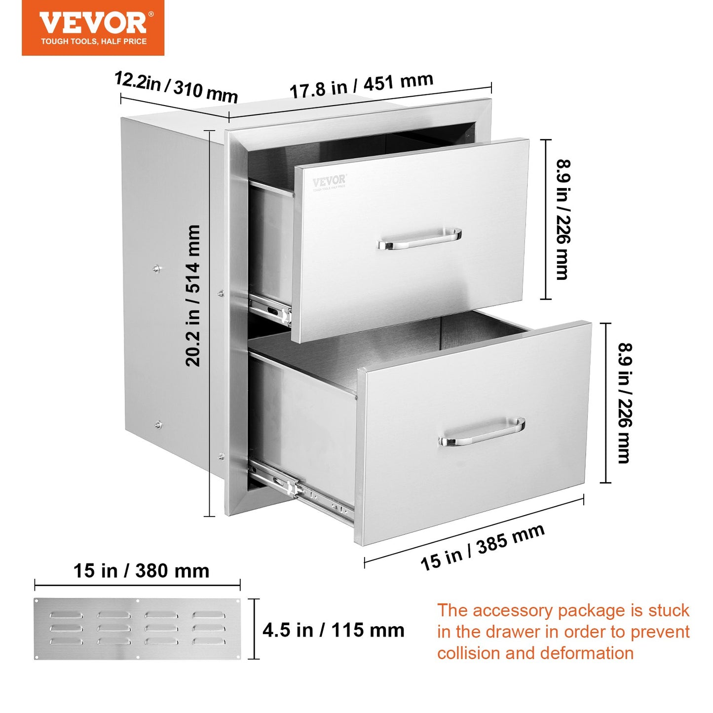 Outdoor Kitchen Drawers 18W x 20.6H x 12.7D Inch, Flush Mount Double