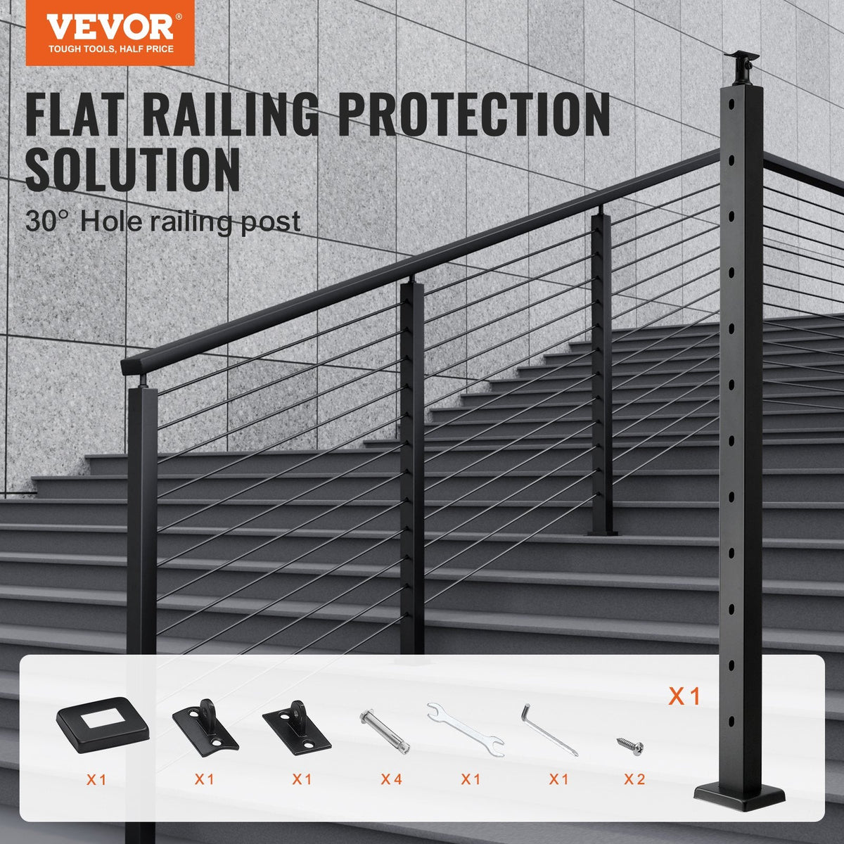 VEVOR Cable Railing Post, 42" x 1" x 2" Steel 30° Angled Hole Stair