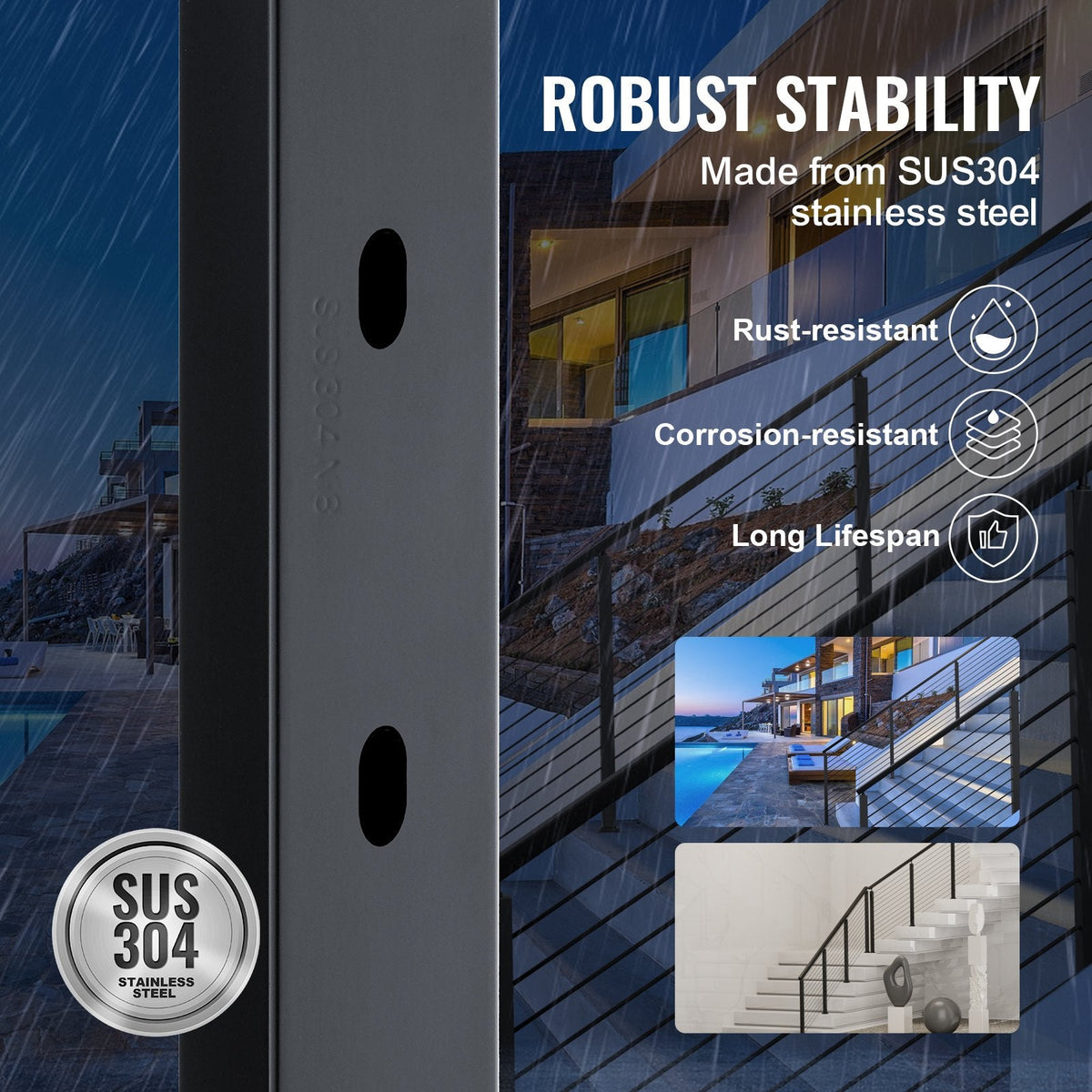VEVOR Cable Railing Post, 42" x 1" x 2" Steel 30° Angled Hole Stair