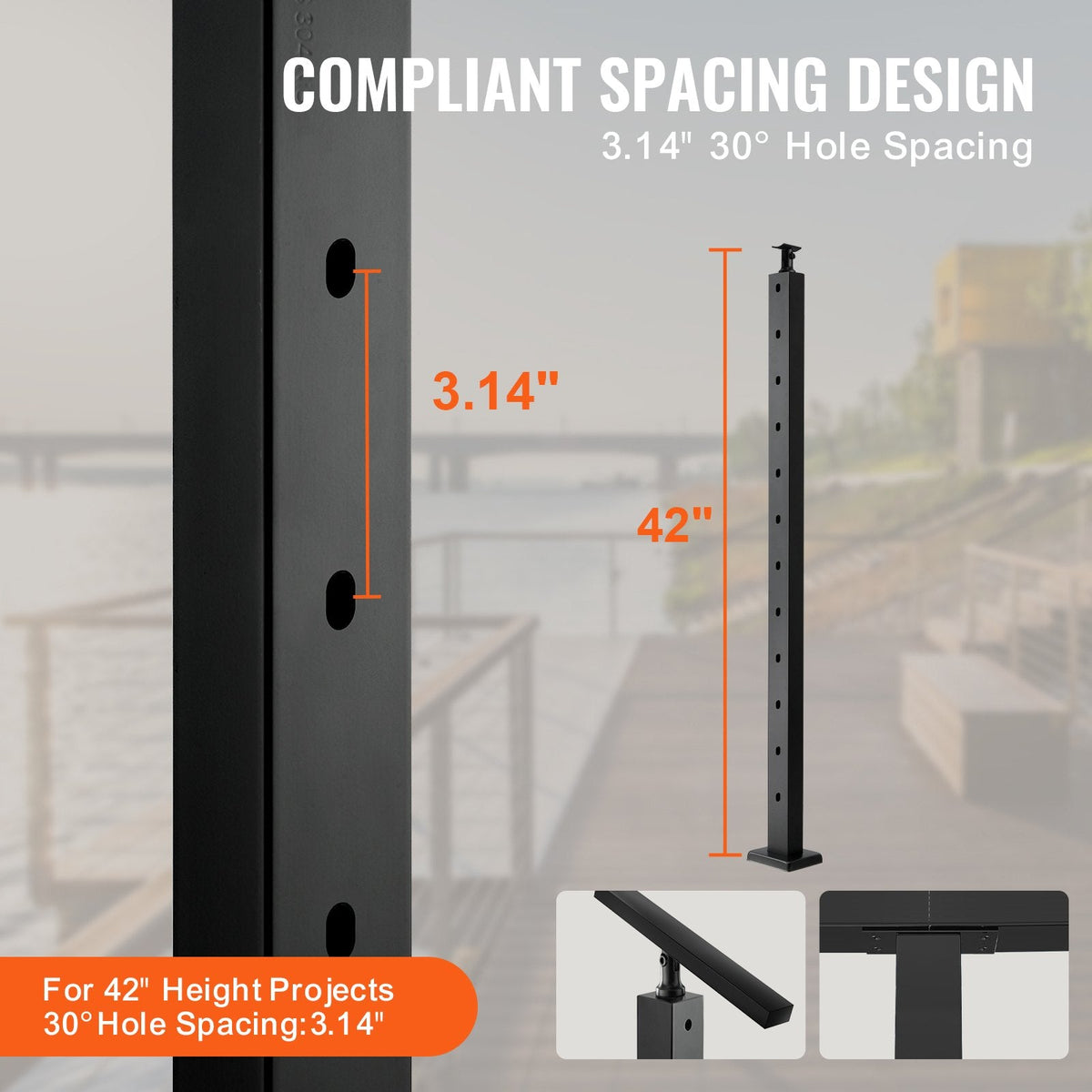 VEVOR Cable Railing Post, 42" x 1" x 2" Steel 30° Angled Hole Stair