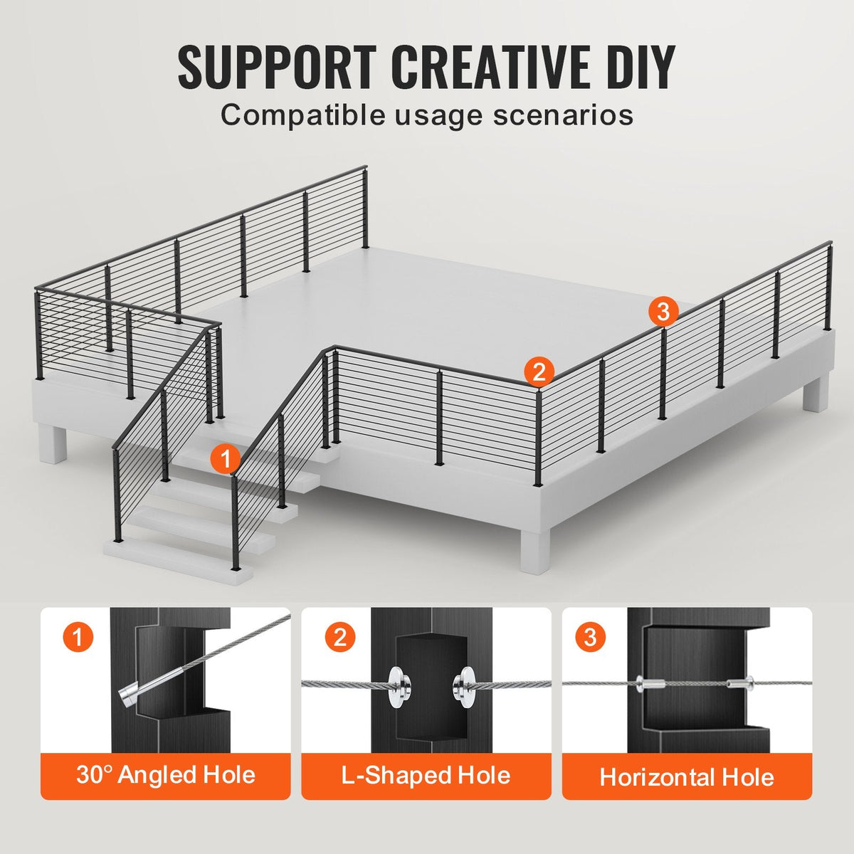 VEVOR Cable Railing Post, 42" x 1" x 2" Steel 30° Angled Hole Stair