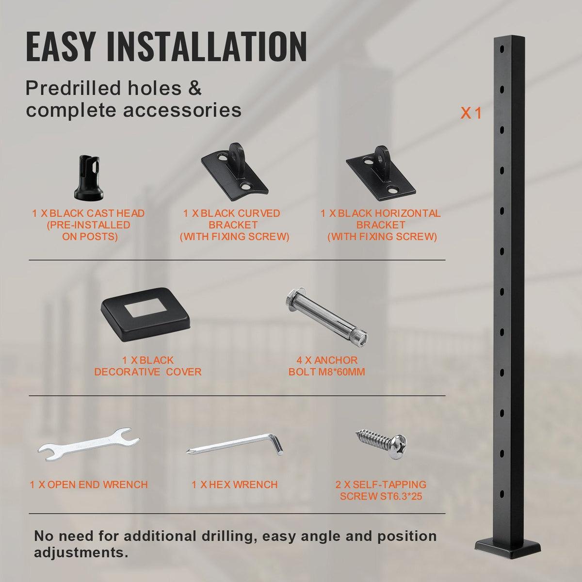 VEVOR Cable Railing Post, 42" x 1" x 2" Steel 30° Angled Hole Stair