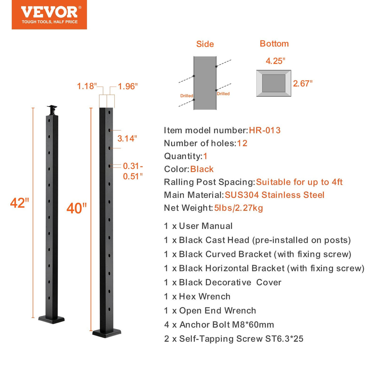 VEVOR Cable Railing Post, 42" x 1" x 2" Steel 30° Angled Hole Stair