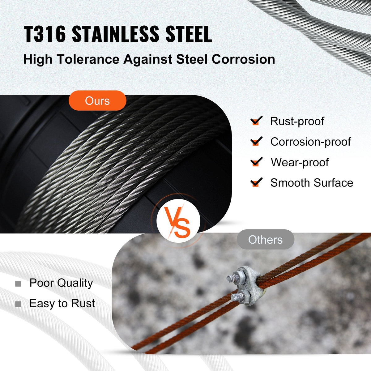 VEVOR 316 Stainless Steel Cable 0.32 cm (1/8") 1x19 Steel Cable Wire