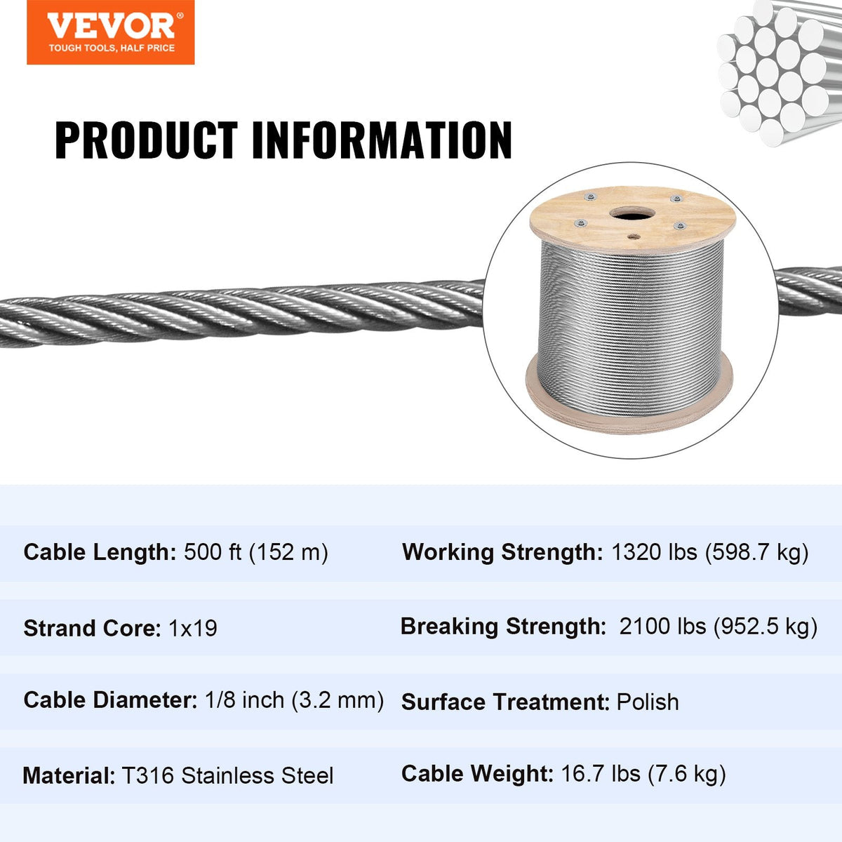 VEVOR 316 Stainless Steel Cable 0.32 cm (1/8") 1x19 Steel Cable Wire