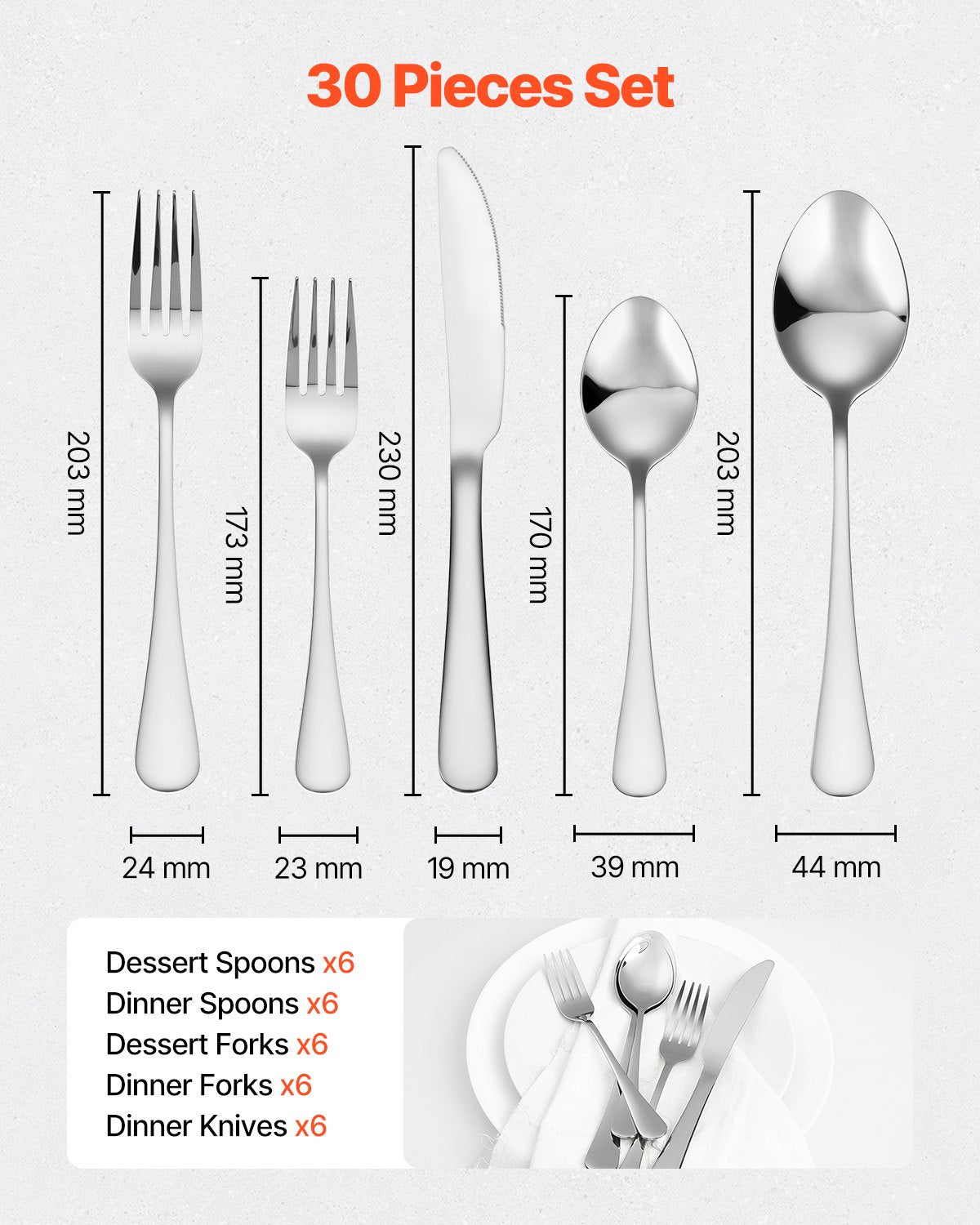 VEVOR 30-Piece Silverware Set, Food-Grade Stainless Steel Flatware