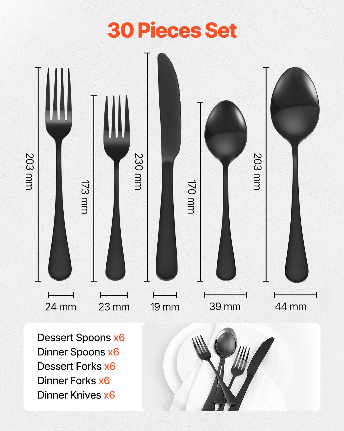 VEVOR 30-Piece Black Silverware Set, Food-Grade Stainless Steel