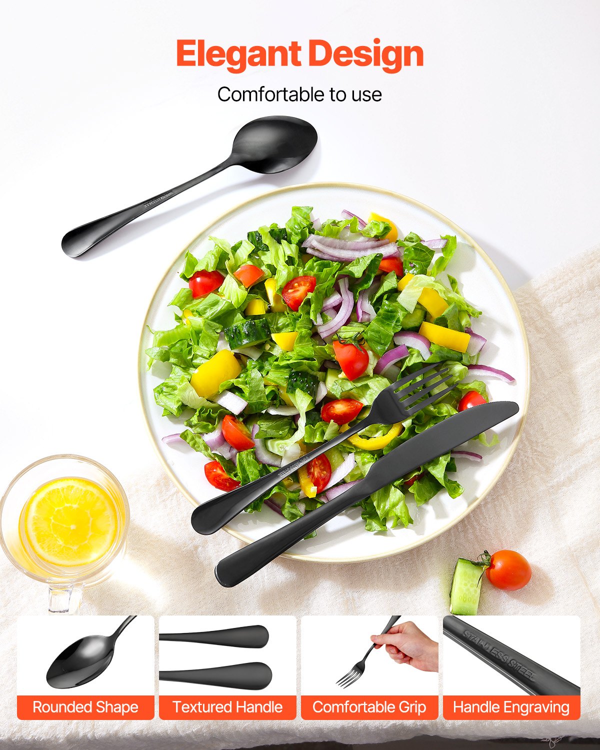 VEVOR 30-Piece Black Silverware Set, Food-Grade Stainless Steel