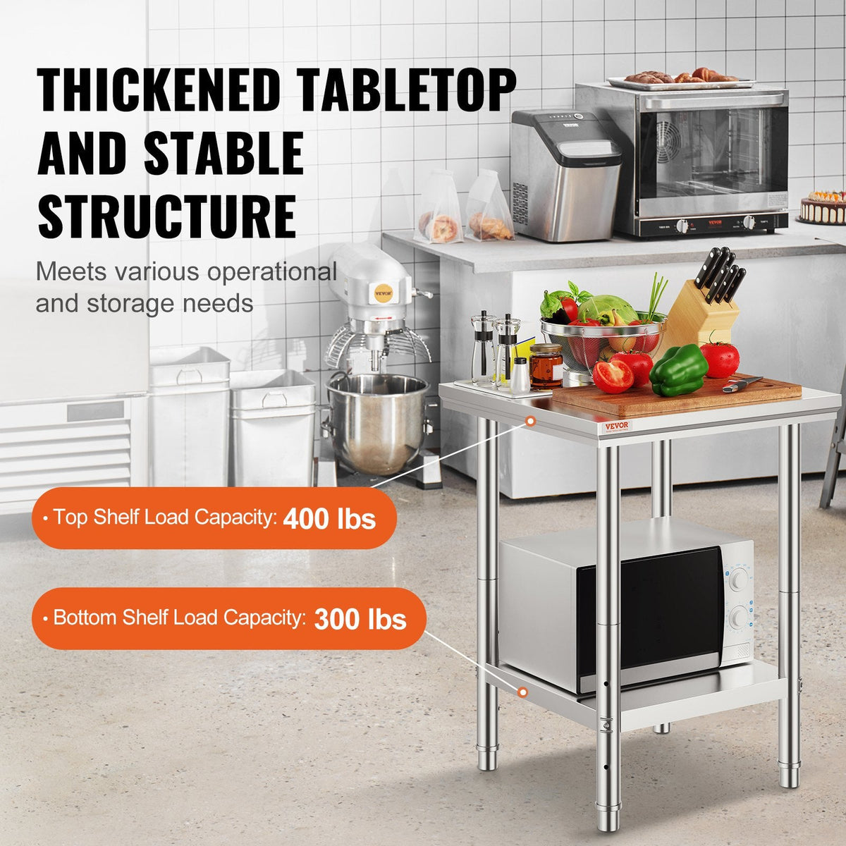VEVOR Stainless Steel Prep Table, 24 x 24 x 31 Inch, 700 lbs Load