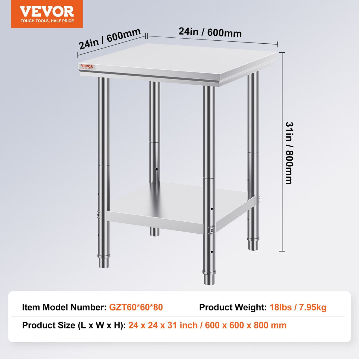 VEVOR Stainless Steel Prep Table, 24 x 24 x 31 Inch, 700 lbs Load