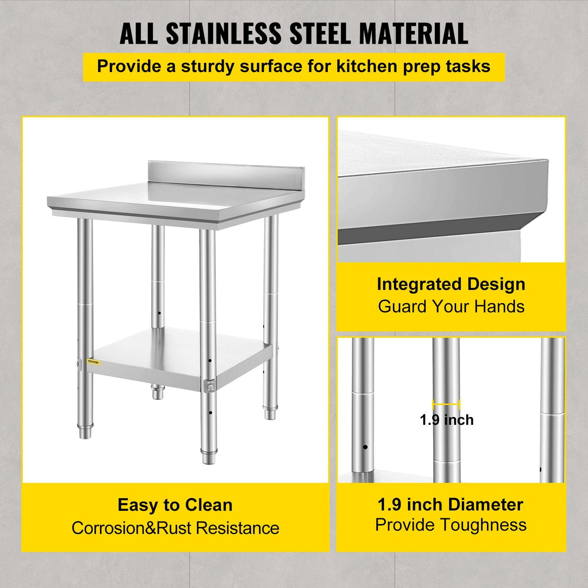 VEVOR 24 x 24 x 35 Inch Stainless Steel Work Table, Commercial Food