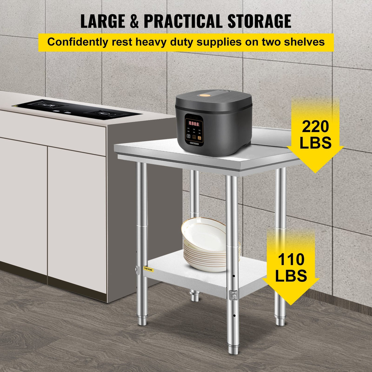 VEVOR 24 x 24 x 35 Inch Stainless Steel Work Table, Commercial Food