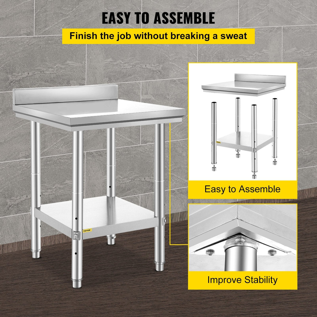 VEVOR 24 x 24 x 35 Inch Stainless Steel Work Table, Commercial Food