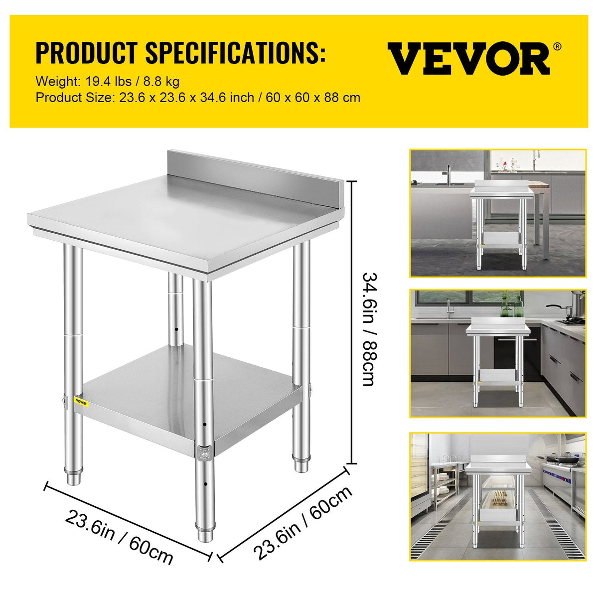 VEVOR 24 x 24 x 35 Inch Stainless Steel Work Table, Commercial Food