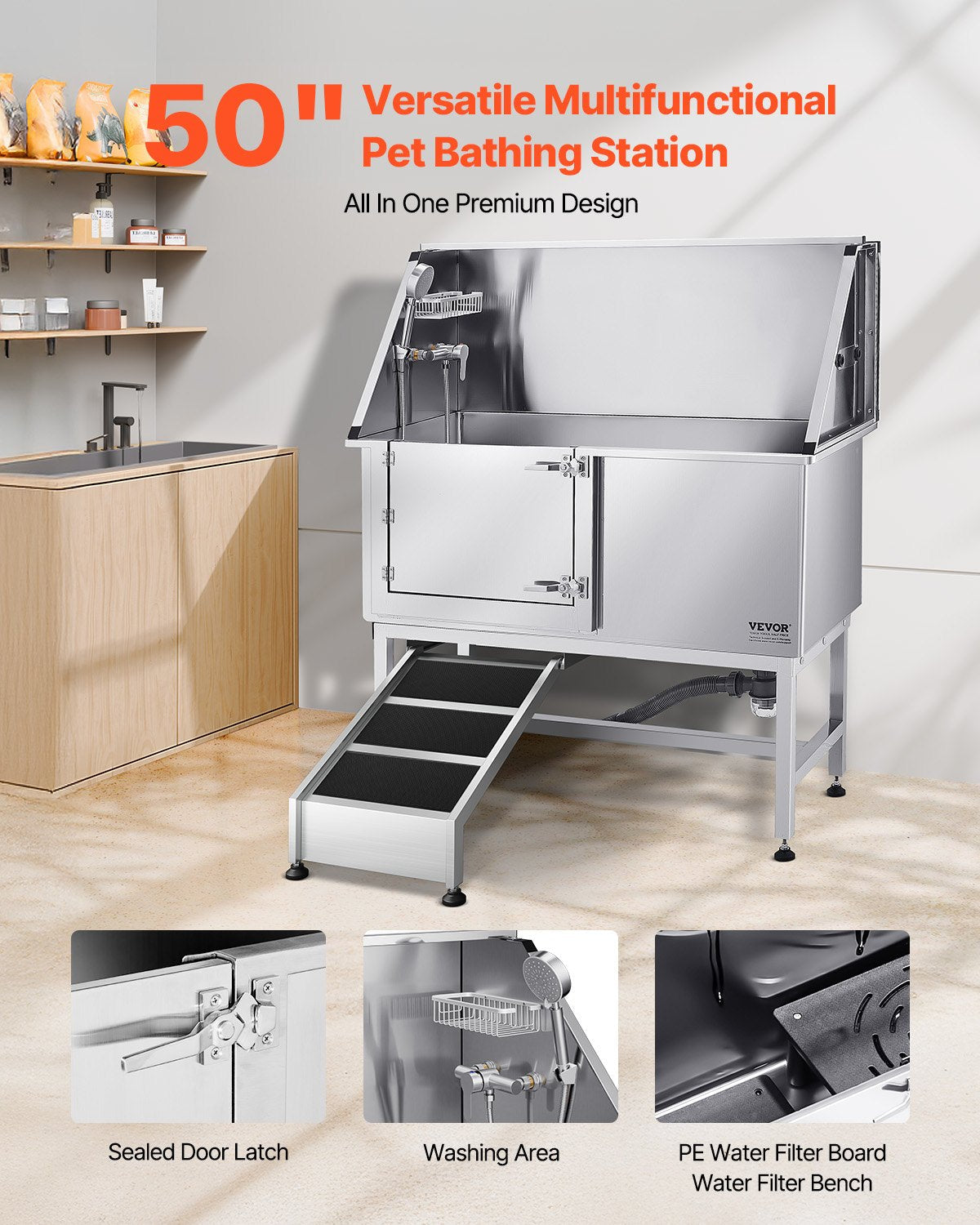 VEVOR Stainless Steel Dog Washing Station, 127 cm Pet Grooming Tub w/