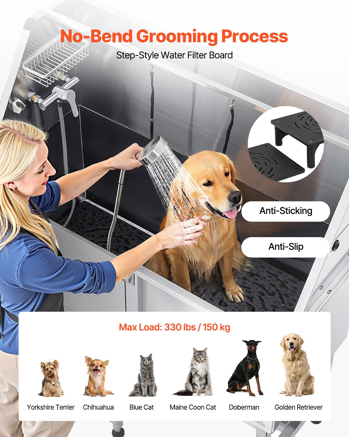 VEVOR Stainless Steel Dog Washing Station, 127 cm Pet Grooming Tub w/