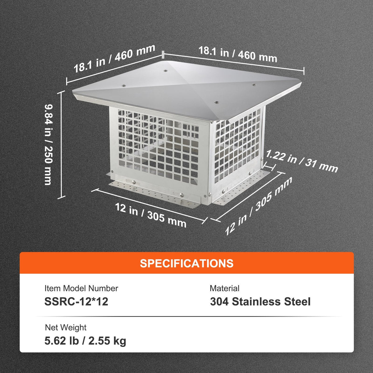 VEVOR Chimney Cap, 12 x 12 inch, 304 Stainless Steel Fireplace Chimney