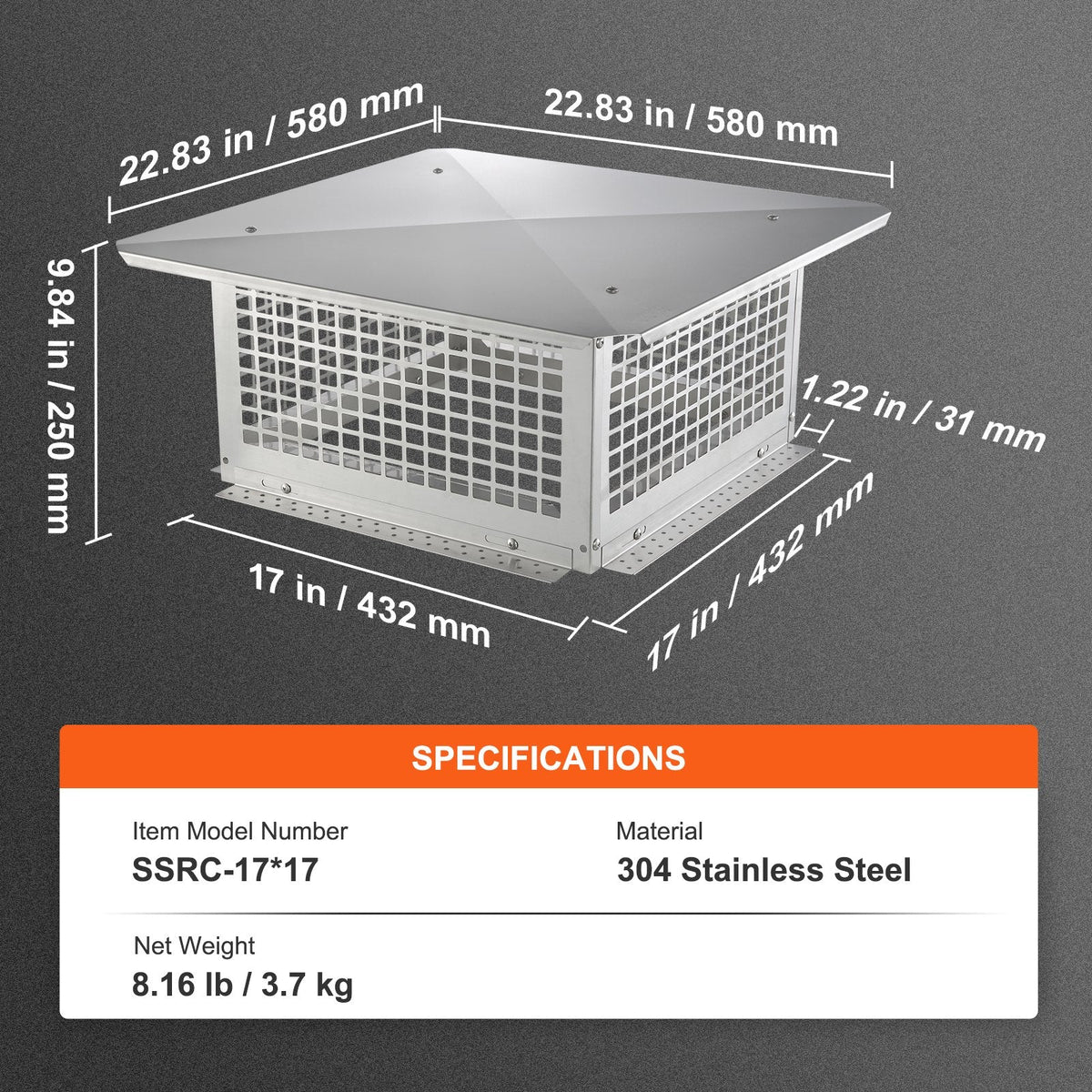 VEVOR Chimney Cap, 17 x 17 inch, 304 Stainless Steel Fireplace Chimney