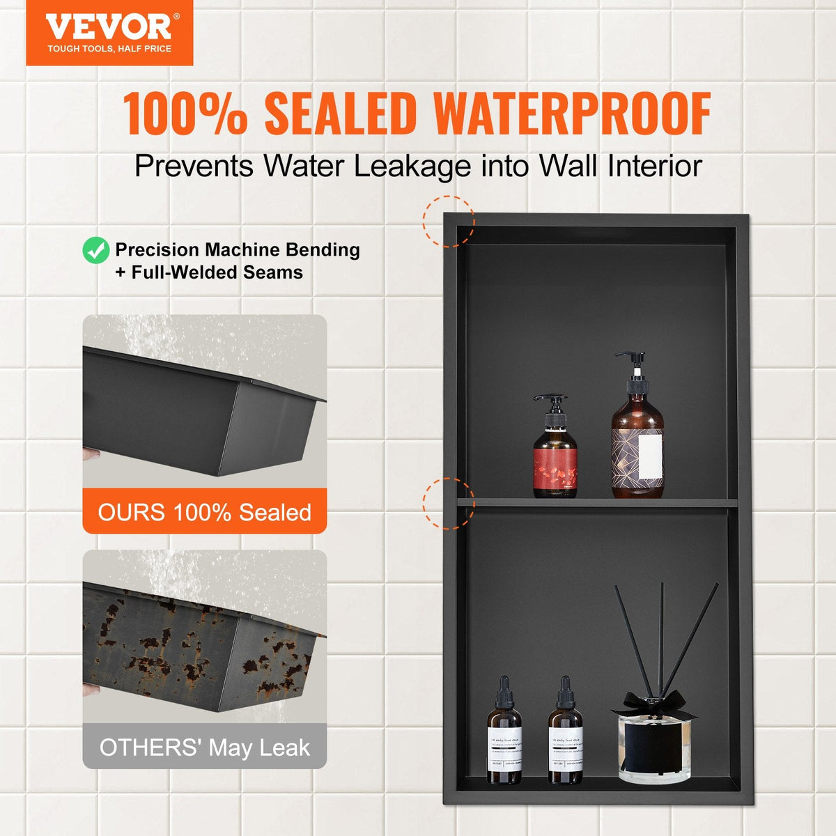 VEVOR 33.02 x 63.5 cm No Tile Shower Niche 304 Stainless Steel,