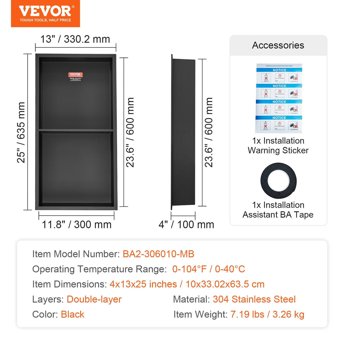 VEVOR 33.02 x 63.5 cm No Tile Shower Niche 304 Stainless Steel,