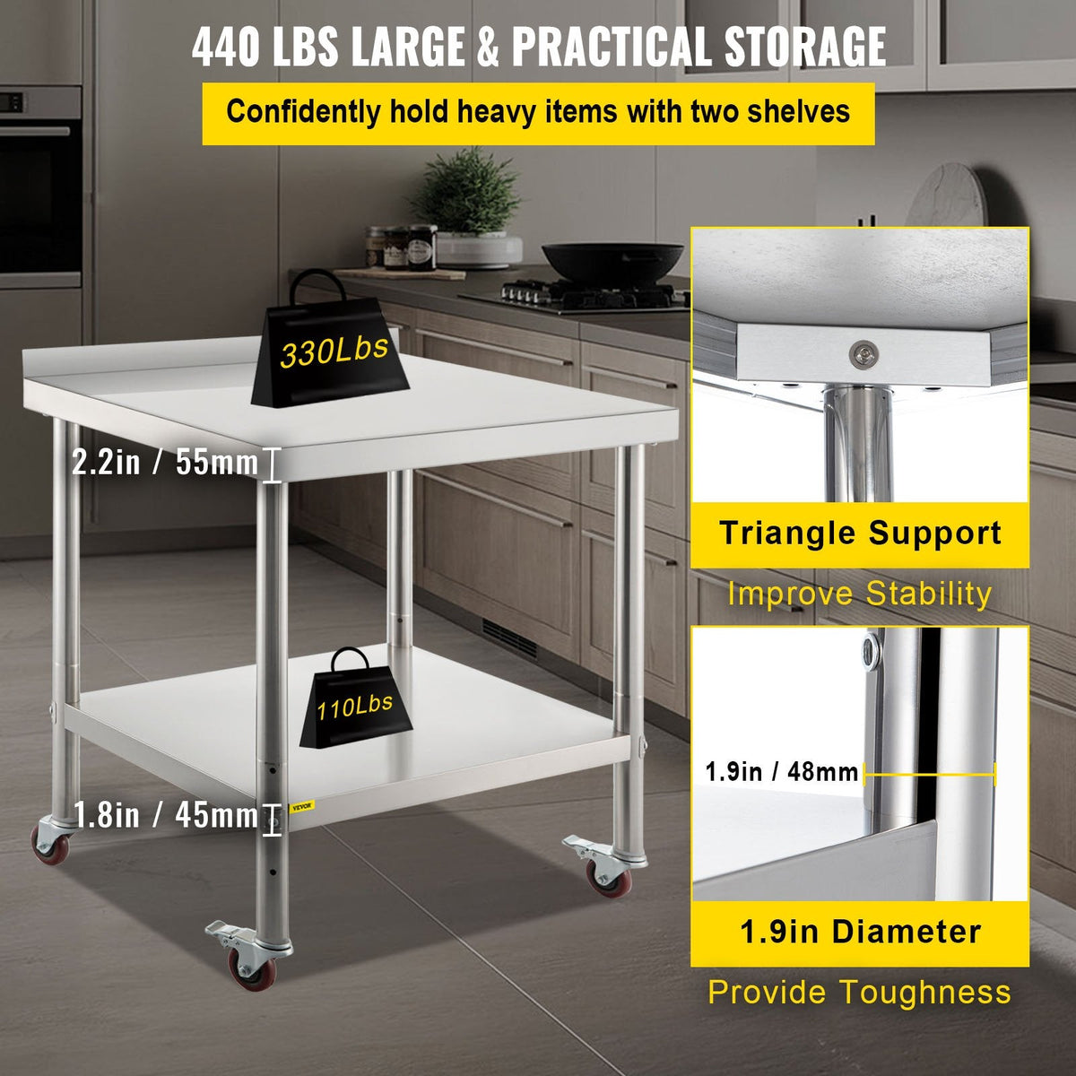 VEVOR Stainless Steel Prep Table, 36 x 24 x 35 Inch, 440lbs Load