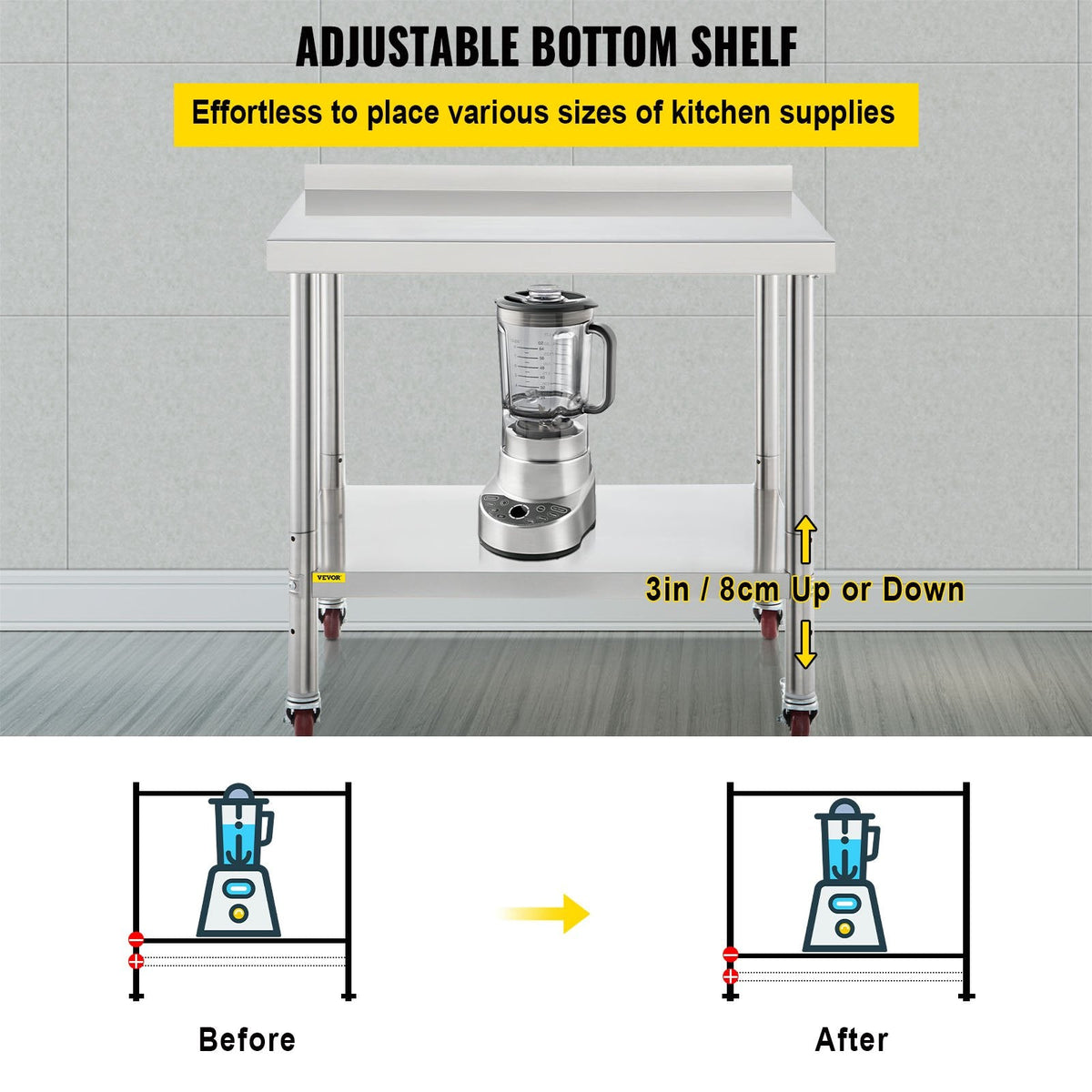 VEVOR Stainless Steel Prep Table, 36 x 24 x 35 Inch, 440lbs Load