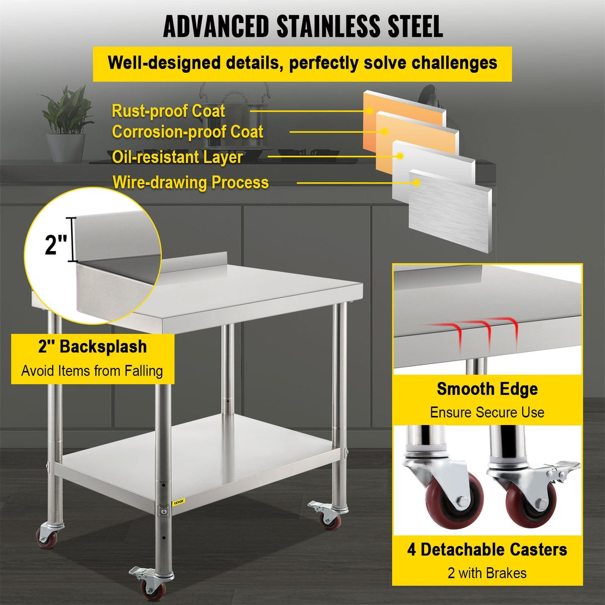 VEVOR Stainless Steel Prep Table, 36 x 24 x 35 Inch, 440lbs Load