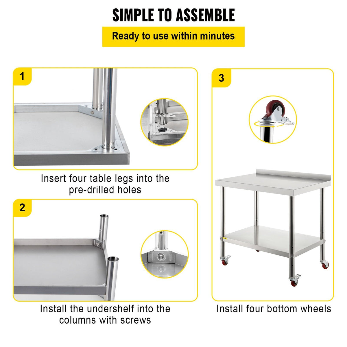 VEVOR Stainless Steel Prep Table, 36 x 24 x 35 Inch, 440lbs Load