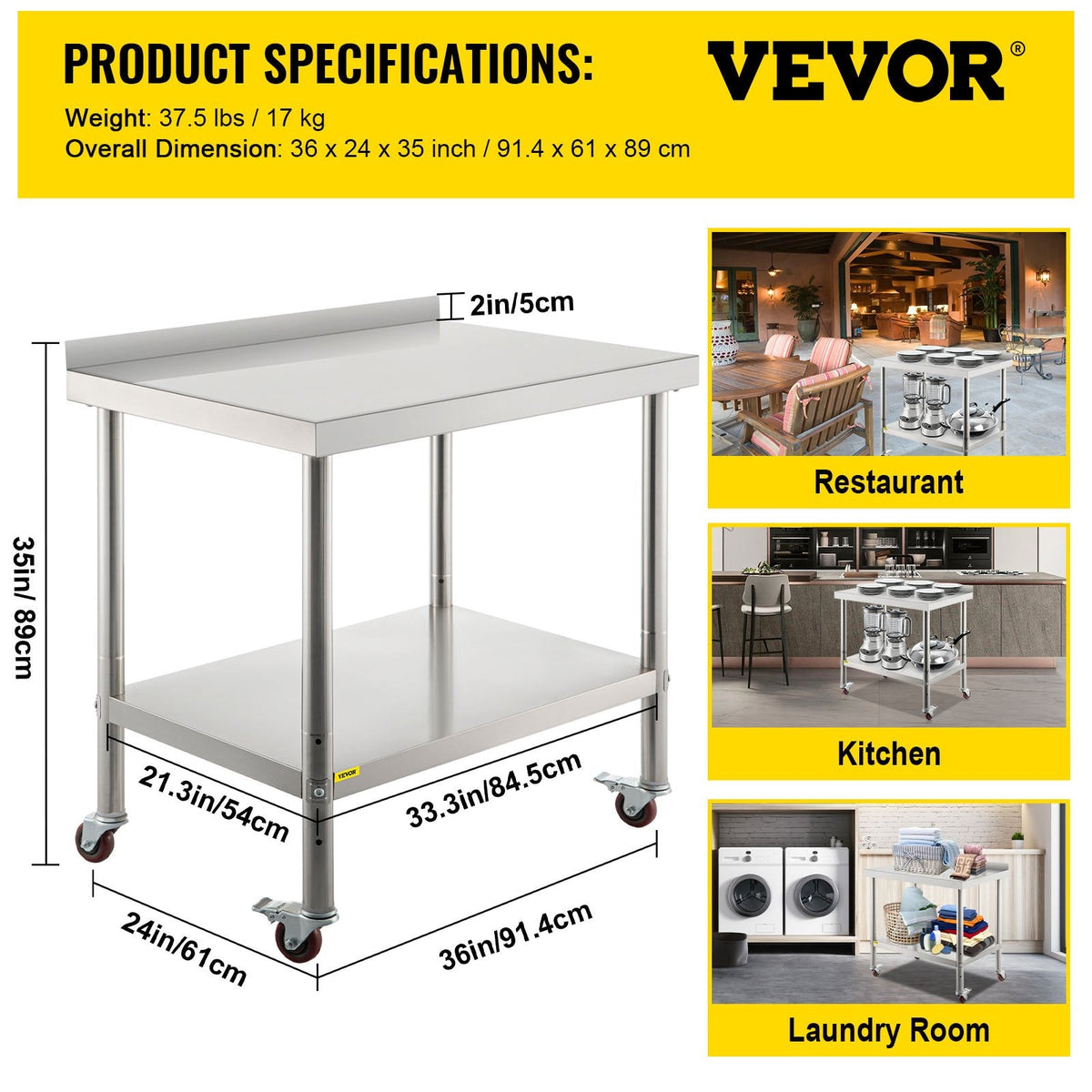 VEVOR Stainless Steel Prep Table, 36 x 24 x 35 Inch, 440lbs Load