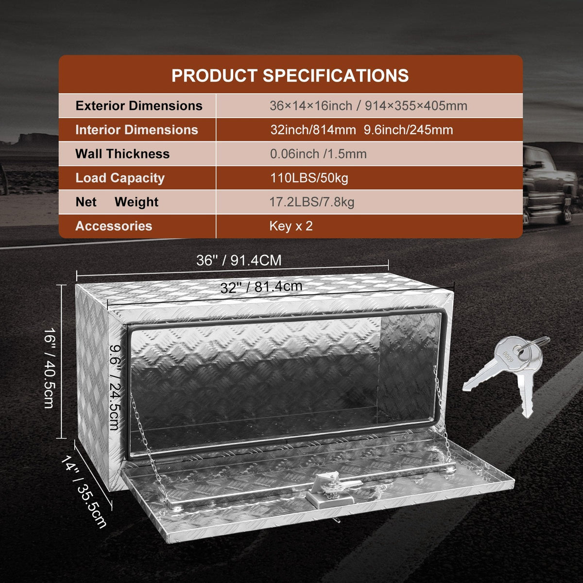 VEVOR Underbody Truck Box, 914 x 355 x 405 mm Pickup Storage Box,