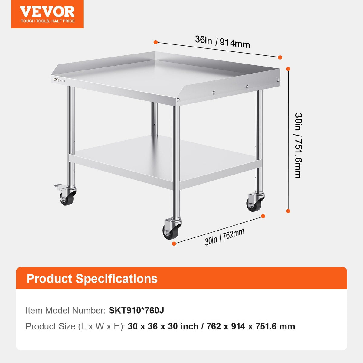 VEVOR Stainless Steel Work Table 76.2x91.4 cm Commercial Food Prep